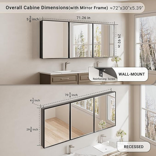 72x30 Pre-Assembled Black Medicine Cabinet with Mirror, Surface or Recessed Medicine Cabinet Mirror for Bathroom, Aluminum Beveled Frame Bathroom Vanity Mirror with Adjustable Shelves Storage