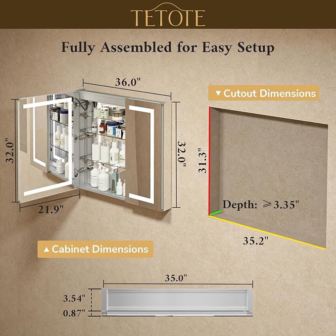 36 x 32 LED Lighted Bathroom Medicine Cabinet with Lights, 2 Door Recessed or Surface Mount Led Mirrored Medicine Cabinet, Tempered Glass, Outlets & USB, Adjustable Shelf, 3-Color Lights