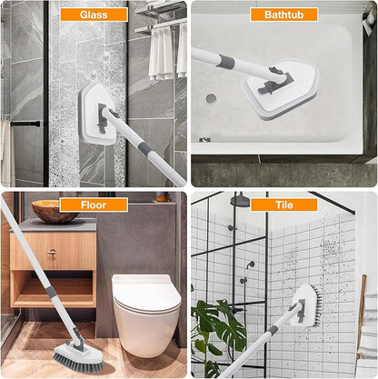 4 in 1 Shower Scrubber Cleaning Brush, Tub and Tile Scrubber with Long Handle, Grout Brush Stiff Bristles Scrub Sponge Brushes Microfiber Pad, for Toilet Bathroom Kitchen Wall Floor Glass Bathtub Sink