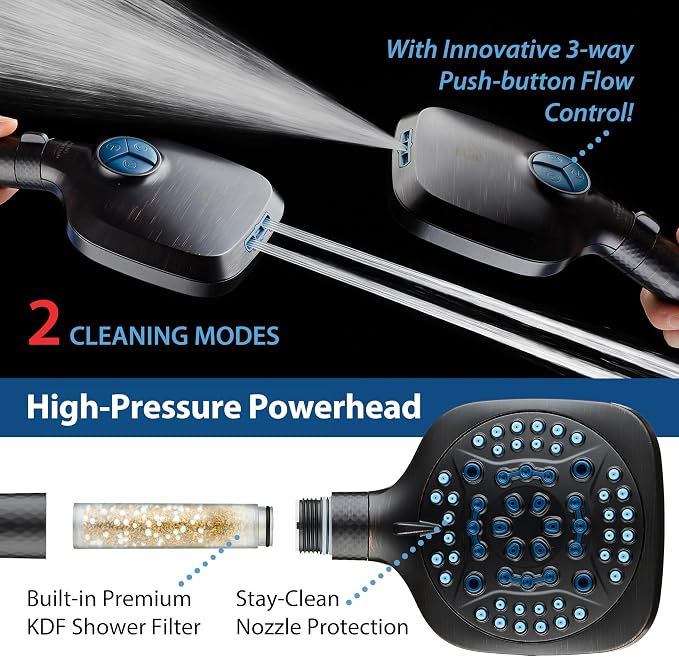 AquaCare 4X 10-Mode High Pressure Hand Shower w/Filter & 2-mode Power Wash | Filters Chlorine & Toxins, Softens Hard Water for Healthy Skin & Hair. Handheld Power Head Cleans Tub, Tile & Pets / Bronze