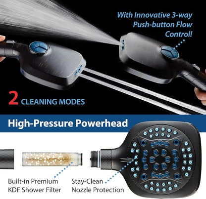 AquaCare 4X 10-Mode High Pressure Hand Shower w/Filter & 2-mode Power Wash | Filters Chlorine & Toxins, Softens Hard Water for Healthy Skin & Hair. Handheld Power Head Cleans Tub, Tile & Pets / Bronze