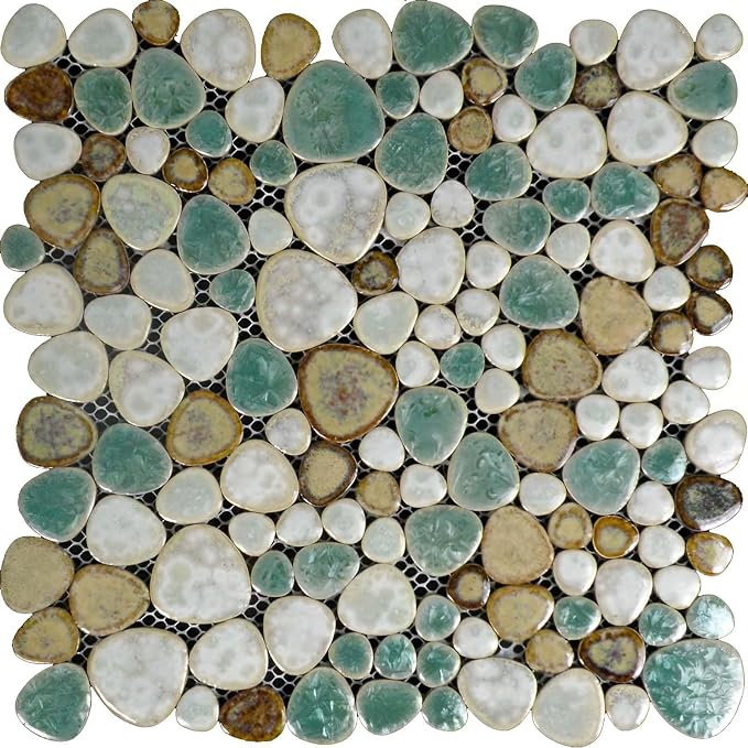 Ceramic Pebble Mosaic Tile, Aqua Cream Coffee, 5 Sq Ft | Crystal Glazed Porcelain, River Stone Look, 12"x12" Sheet for Kitchen Backsplash, Fireplace Surround & Spa Wall Decor