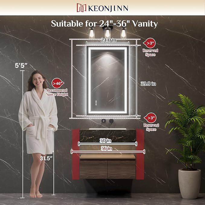 Keonjinn 40 x 24 Inch LED Bathroom Mirror with Lights, Bluetooth Speaker | Frontlit & Backlit Bluetooth Mirror Bathroom, Dimmable 3-Color Lights, HD Tempered Glass, Anti-Fog, CRI90+, Plug-in/Hardwired