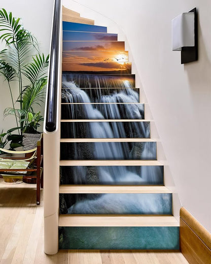 FLFK Stair Decals - Stair Stickers Decals Peel and Stick,Waterfall Stair Risers Decals Self-Adhesive for Home Decor, 39.3" W x 7.08" H x 13Pcs