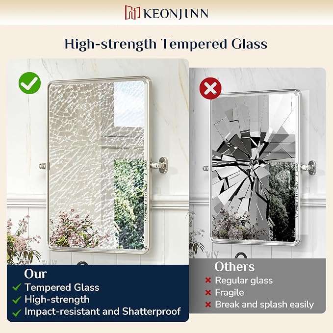 Keonjinn 24x36 Inch Brushed Nickel Povit Mirror for Bathroom, Tilt Mirror | Tenmpered Glass, Rectangle, Adjustable Bathroom Mirrors for Over Sink, Farmhouse, Metal Framed, Horizontal/Vertical
