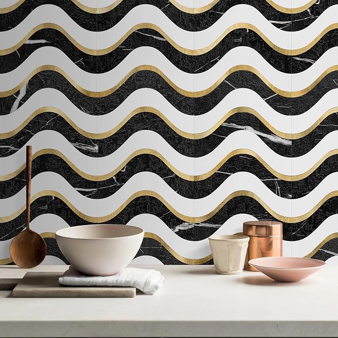 Vamos Tile Peel and Stick Backsplash Seamless Tile,Black+White+Gold,10 pcs | Stick on Backsplash for Kitchen and Bathroom, PVC Mix Metal Gold Self Adhesive Wall Tiles,11.8''x10.15''