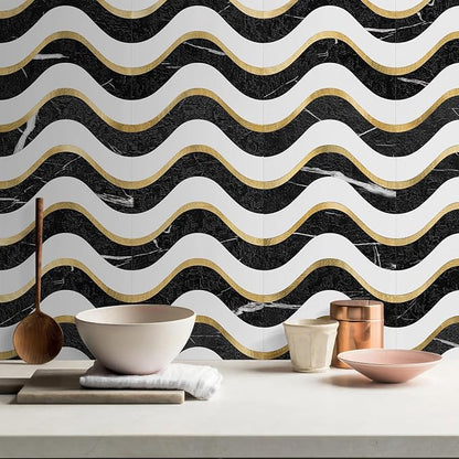 Vamos Tile Peel and Stick Backsplash Seamless Tile,Black+White+Gold,10 pcs | Stick on Backsplash for Kitchen and Bathroom, PVC Mix Metal Gold Self Adhesive Wall Tiles,11.8''x10.15''