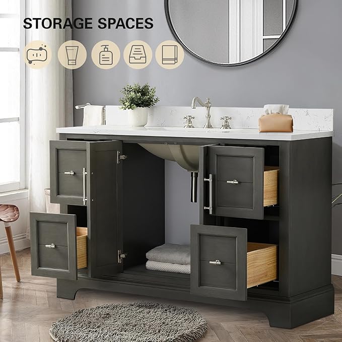 HOMEBEYOND 48 Inch Bathroom Vanity with Single Sink & Ceramic Top, Vanity Cabinet with Center Countertop Basin, Soft-Closing Doors, Backsplash,Sliver Grey