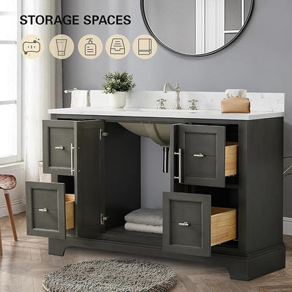 HOMEBEYOND 48 Inch Bathroom Vanity with Single Sink & Ceramic Top, Vanity Cabinet with Center Countertop Basin, Soft-Closing Doors, Backsplash,Sliver Grey