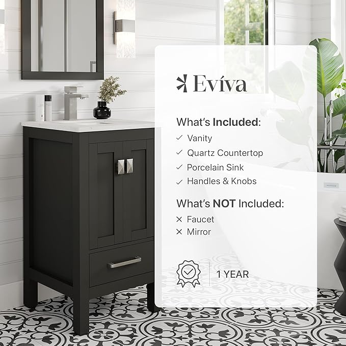 Eviva London 20 Inch Bathroom Vanity with Sink - Freestanding 20 Vanity with Sink Combo - Espresso Bathroom Vanities W/Porcelain Sink and Quartz Countertop for Modern Vanity Bathroom