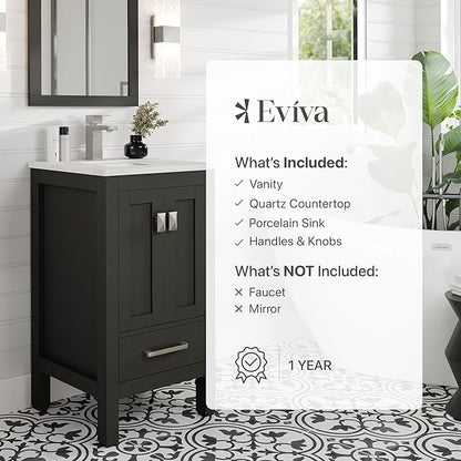 Eviva London 20 Inch Bathroom Vanity with Sink - Freestanding 20 Vanity with Sink Combo - Espresso Bathroom Vanities W/Porcelain Sink and Quartz Countertop for Modern Vanity Bathroom