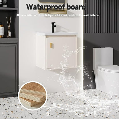 20'' Bathroom Vanity with Ceramic Sink Combo, Wall Mounted Small Bathroom Vanity with Soft-Close Door Modern Floating Cabinet, Pop-up Drain, P-Trap Included, Khaki(No Faucet)