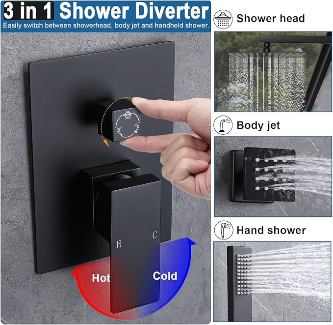 Enga Shower System with Body Jets, 12 Inch Wall Mount Rainfall Shower System and Handheld Body Spray Shower Faucets sets Combo with Rough-in Valve, Matte Black