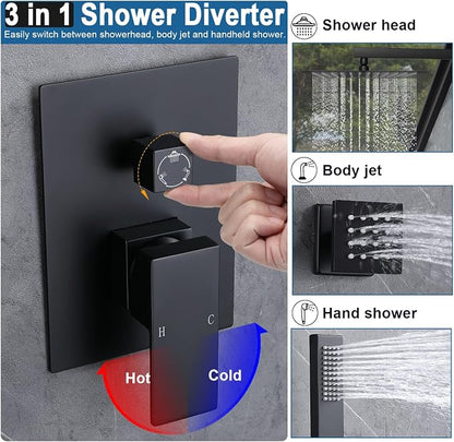 Enga Shower System with Body Jets, 12 Inch Wall Mount Rainfall Shower System and Handheld Body Spray Shower Faucets sets Combo with Rough-in Valve, Matte Black