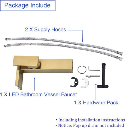 LED Waterfall Bathroom Sink Faucet, 3 Colors Spout Faucet with Water Supply Hose, Single Handle Single Hole Slanted Body Brass Mixer Vanity Sink Tap Brushed Gold