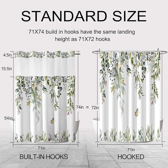 No Hook Shower Curtain and Liner Set, Sage Green Eucalyptus 71x74 | Floral Design, with Snap in Liner, See-Through Top Window, Waterproof, Machine Washable, Quick-Drying, for Hotel Bathroom
