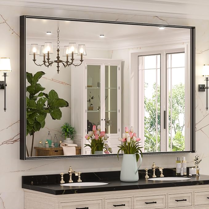 Keonjinn 60x40 Inch Black Bathroom Mirror for Over Sink, Rectangular | HD Tempered Glass, Vanity Mirror, Brushed Framed, Square Corner, Modern Farmhouse, Wall Mounted Mirrors, Aluminum Alloy