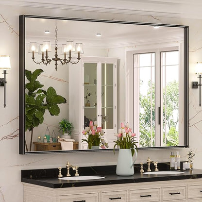 Keonjinn 60x40 Inch Black Bathroom Mirror for Over Sink, Rectangular | HD Tempered Glass, Vanity Mirror, Brushed Framed, Square Corner, Modern Farmhouse, Wall Mounted Mirrors, Aluminum Alloy