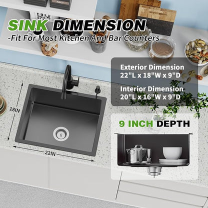 Black 22x18 In Undermount Kitchen And Bar Sink- Stainless Steel Single Bowl Kitchen Sink Modern Drop In Bar Sink With Silicon Mat,Drain Strainer Set Compatibility With Various Kitchen & Bar Style