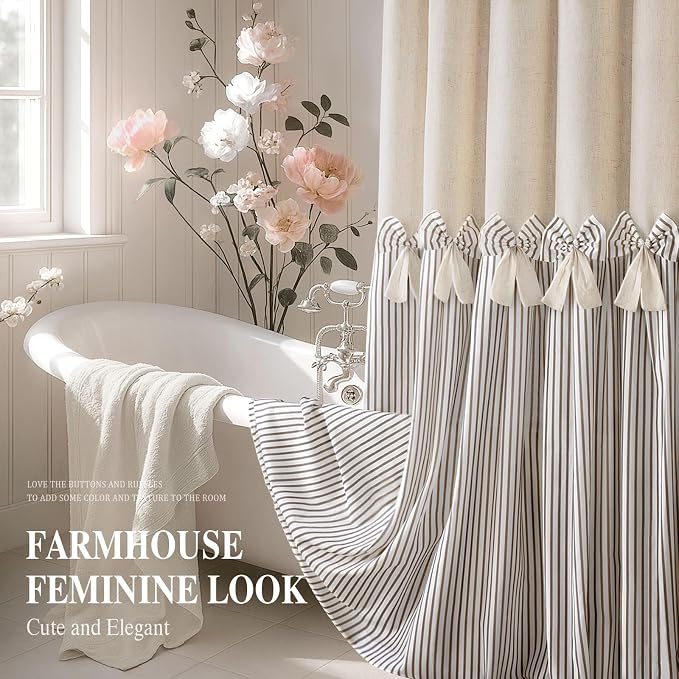 Farmhouse Shower Curtain Linen Bow Pleated Brown Stripe 72"W x 80"L | Farmhouse Style, Chic Bow, Striped, Linen Fabric, Rustic, Country, Natural Look, Washable, for Bathroom Bathtub