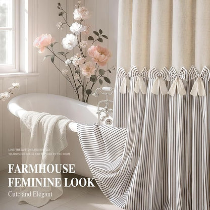 Farmhouse Shower Curtain Linen Bow Pleated Brown Stripe 72"W x 75"L | Farmhouse Style, Chic Bow, Striped, Linen Fabric, Rustic, Country, Natural Look, Washable, for Bathroom Bathtub