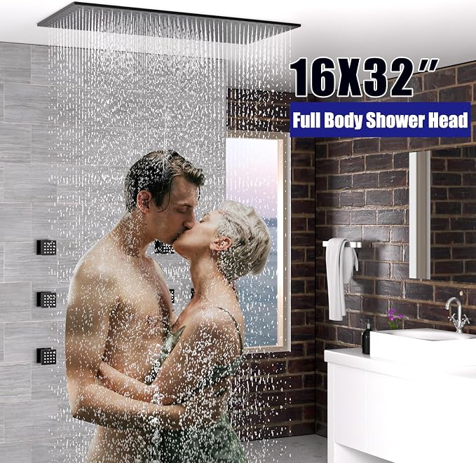 Luxury Large Ceiling Rectangle Rainfall Shower Head, 16x32inch High Pressure Rain Showerhead with Silicone Nozzles Full Body Fixed Showerheads For Modern Bathroom, Black Finish