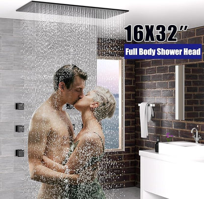 Luxury Large Ceiling Rectangle Rainfall Shower Head, 16x32inch High Pressure Rain Showerhead with Silicone Nozzles Full Body Fixed Showerheads For Modern Bathroom, Black Finish
