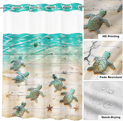 Nautical Green Beach Sea Turtle Theme No Hook Waffle Weave Shower Curtain with Snap in Liner Nautical Blue Bathroom Ocean Set 60 W x 74 H Inch Blue
