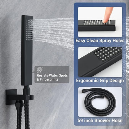 Thermostatic Dual Shower Head System, Matte Black Shower Faucet | 12 Inch Ceiling Rainfall Shower, 6 Inch Wall Mount Head, High Pressure Handheld Sprayer, Push Button Valve