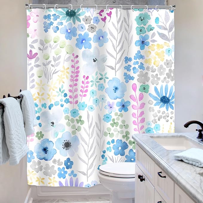 Blue Floral Girls Kids Boho Cute Wildflower Art Bathroom Shower Curtain Set | 60"W x 72"H Watercolor Leaves; waterproof HD print, quick-dry fabric with 12 hooks for easy hanging.