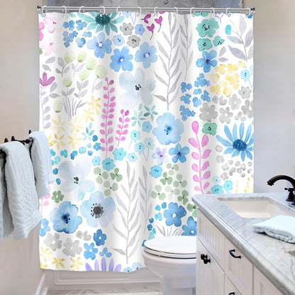 Blue Floral Girls Kids Boho Cute Wildflower Art Bathroom Shower Curtain Set | 60"W x 72"H Watercolor Leaves; waterproof HD print, quick-dry fabric with 12 hooks for easy hanging.