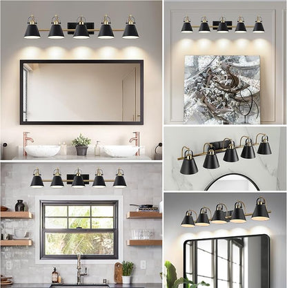 5-Lights Black and Gold Vanity Light, 40inch Modern Farmhouse Vanity Lights, Bathroom Light Fixtures Over Mirror with Hammered Metal Shade, Brushed Gold Wall Lamp for Bath Mirror Living Room Cabinet