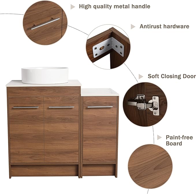 36" Bathroom Vanity, 36" Inch Freestanding Vanity with Ceramic Vessel Sink, Modern Single Sink Bathroom Vanity Combo, Brown Floor Stand Storage Cabinet Set(BRE400, 36 * 18)