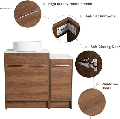 36" Bathroom Vanity, 36" Inch Freestanding Vanity with Ceramic Vessel Sink, Modern Single Sink Bathroom Vanity Combo, Brown Floor Stand Storage Cabinet Set(BRE400, 36 * 18)