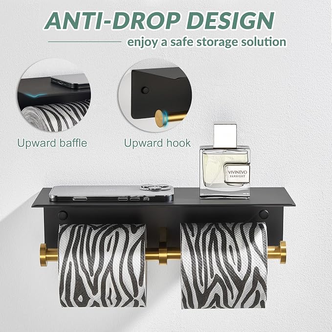 Double Toilet Paper Holder with Shelf, Black & Gold, Wall Mounted | 304 Stainless Steel, Rustproof for Bathroom, Restroom, Powder Room, Kitchen, 2-in-1 Functional 2 Paper Rolls & Phone Storage