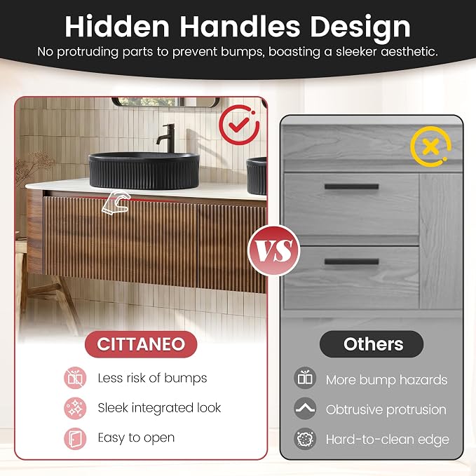 72" Floating Bathroom Vanity with Double Black Sink, Walnut | Pre-Assembled Fluted Wall Mounted Vanity with Ceramic Sink, Sintered Stone Countertop, Soft-Close Drawers & Towel Rack