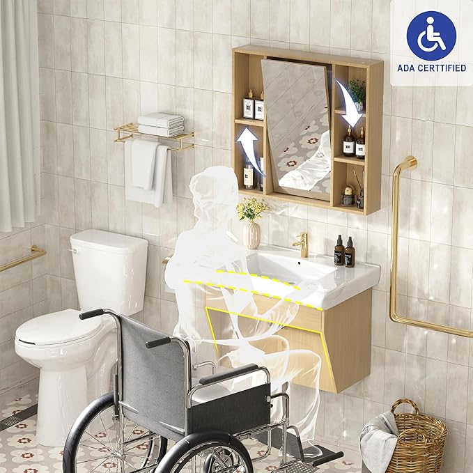 30" Floating Vanity ADA Compliant Modern Wall-Mount Small Bathroom Vanity with Ceramics Sink Modern Hand & Mirror Cabinet Combo with Two Doors for Elderly, Seniors, Handicap & Disabled