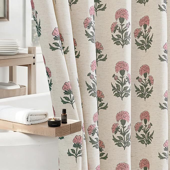 ORTIGIA Linen Textured Ruffle Shower Curtain with Metal Hooks, Vintage Pink Floral Block Print Boho Waterproof Bath Curtain for Rustic Farmhouse Bathroom Decor 72x72 Inch