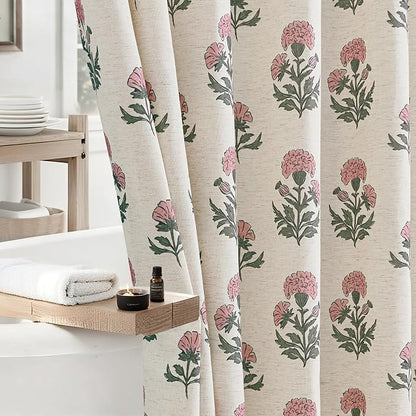 ORTIGIA Linen Textured Ruffle Shower Curtain with Metal Hooks, Vintage Pink Floral Block Print Boho Waterproof Bath Curtain for Rustic Farmhouse Bathroom Decor 72x72 Inch