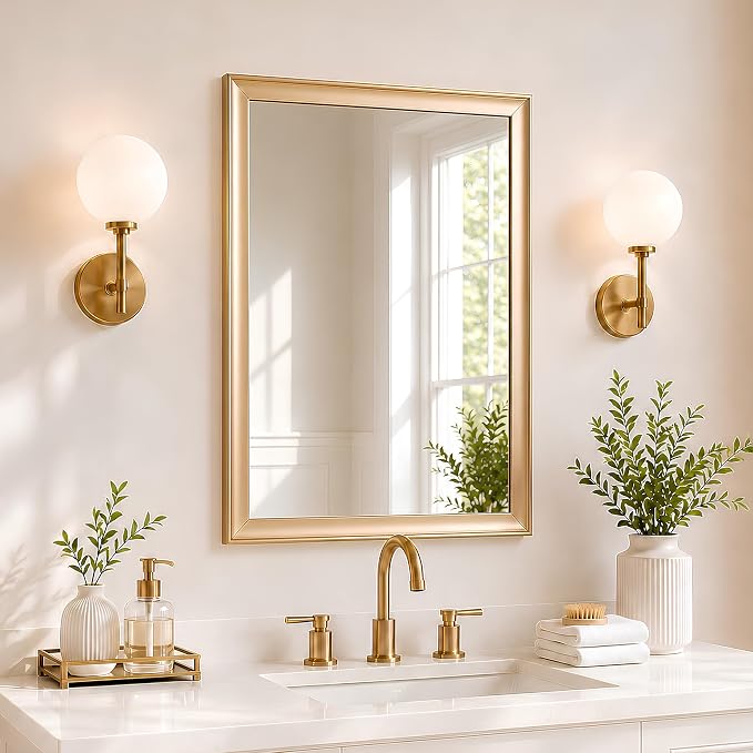 Brushed Gold Bathroom Mirrors for Over Sink 22x30 Inch | Inner Arc Aluminum Frame Rectangle Vanity Mirror for Bedroom Entryway, HD Tempered Glass, Anti-Rust, Horizontal or Vertical