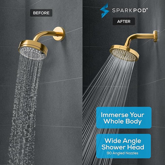 SparkPod Rain Shower Head, 6 Inch Round, Egyptian Gold Finish | High Pressure Shower Heads, 90 Nozzles, Adjustable Showerhead, No Tools Needed, Universal Connection