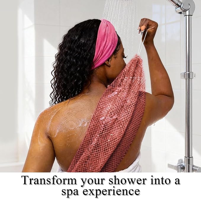 Authentic African Net Sponge, 2 Pack 45-Inch Exfoliating Bath Sponge and Shower Loofah for Body and Back, Colorfast Quick-Dry Knotted Mesh Scrubber with Travel Pouch (Gray & Rust Red)