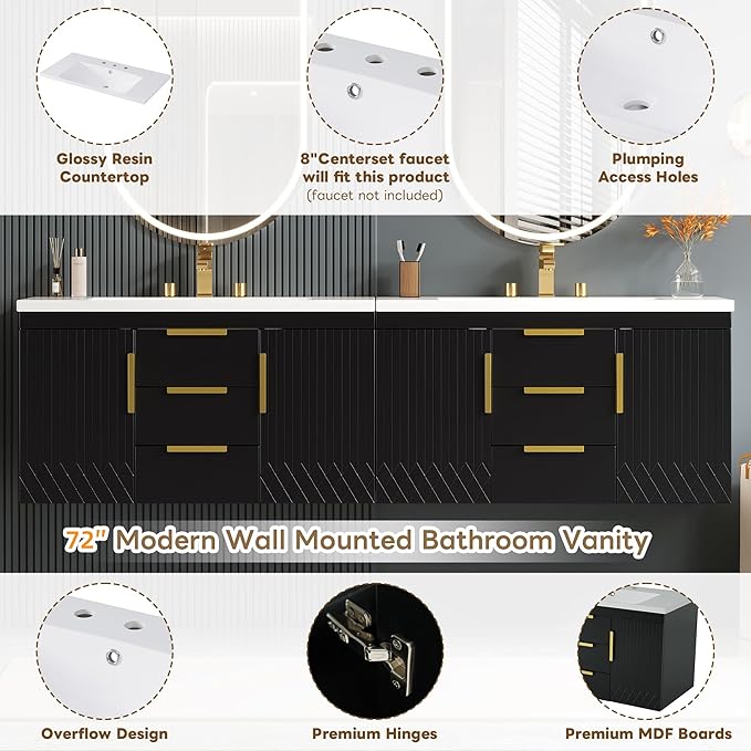72'' Wall Mounted Bathroom Vanity, Floating Storage Vanity Cabinet with 2 Drawers, Solid Wood Bathroom Cabinet, Black