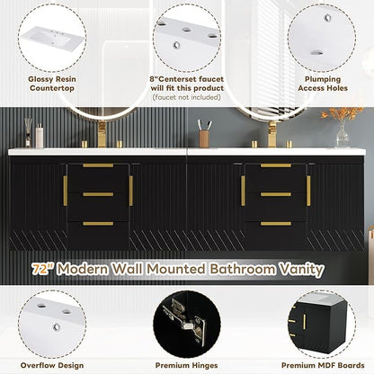 72'' Wall Mounted Bathroom Vanity, Floating Storage Vanity Cabinet with 2 Drawers, Solid Wood Bathroom Cabinet, Black