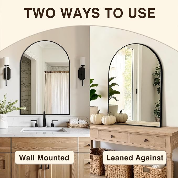 Arched Bathroom Vanity Mirror for Over Sink, 30”x20”, Black | HD Tempered Glass, Anti-Rust Metal Frame, Hanging or Leaning, Wall Mirrors for Bathroom Sink, Bedroom, Living Room, Entryway