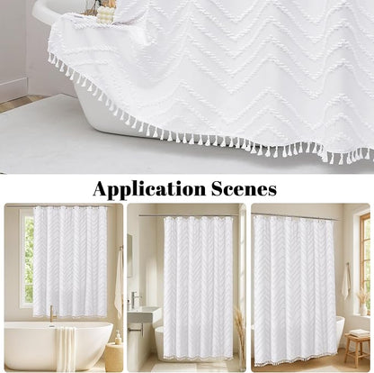 Extra Long White Boho Shower Curtain, Chic Tufted Chevron Striped Textured Fabric Cloth Shower Curtains with Tassel for Bathroom, Soft Hotel Style Farmhouse, Machine Washable, 72x84