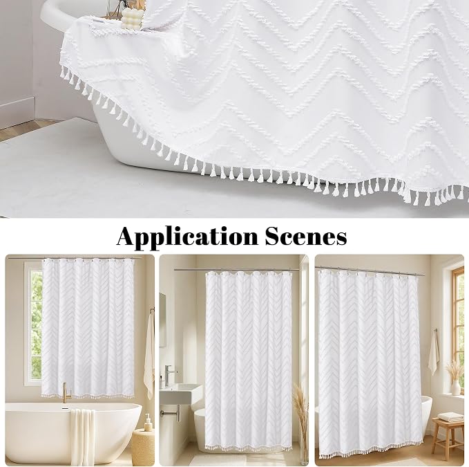 Small Boho Stall Shower Curtain, White Fabric Cloth Stall Shower Curtain 36 x 72 Half Size with Tassel Tufted Chevron Striped Textured Modern Farmhouse for Bathroom, Machine Washable