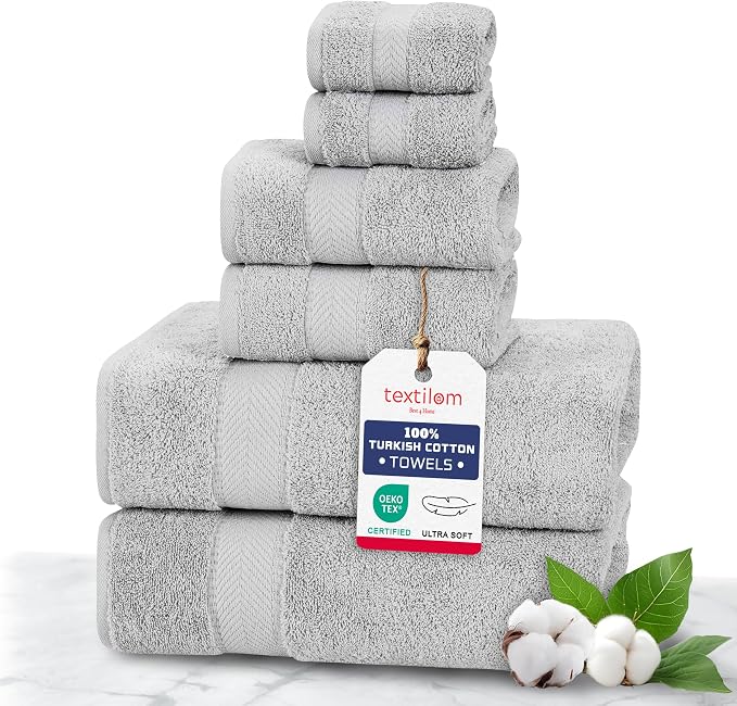 100% Turkish Cotton 6 Pcs Luxury Bath Towels, Soft & Absorbent Bathroom Towels Set (2 Bath Towel, 2 Hand Towel, 2 Washcloths)- Light Grey