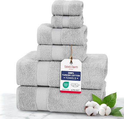 100% Turkish Cotton 6 Pcs Luxury Bath Towels, Soft & Absorbent Bathroom Towels Set (2 Bath Towel, 2 Hand Towel, 2 Washcloths)- Light Grey