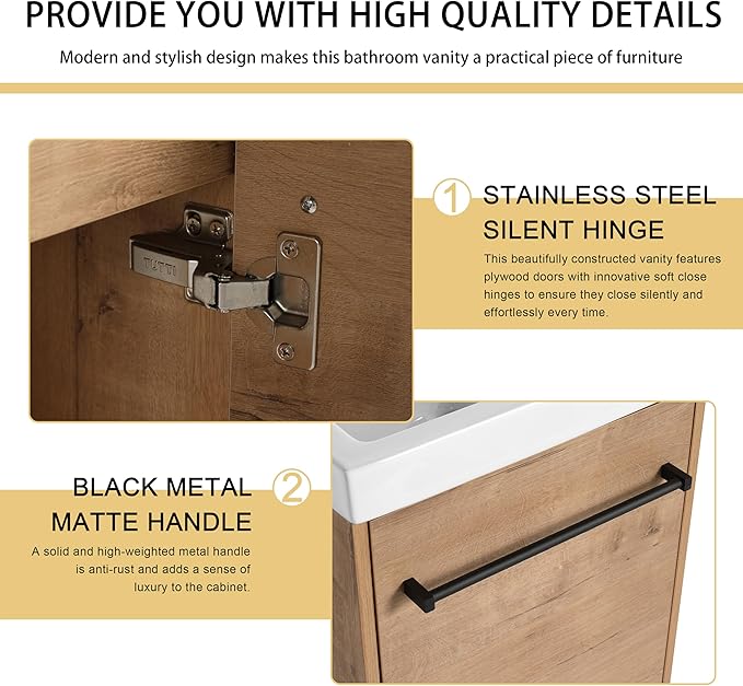 Malwee 18" Floating Bathroom Vanity with Sink, 18 inch Modern Brown Wall Mounted Bathroom Cabinet Combo for Small Space, Narrow Bath Wall-Hung Vanity Set with 1 Ceramic Basin and 1 Door(18imo)